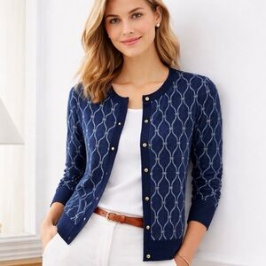 Talbots Merino Wool Navy Blue Geometric Cardigan sz M Preppy Old Money Academia